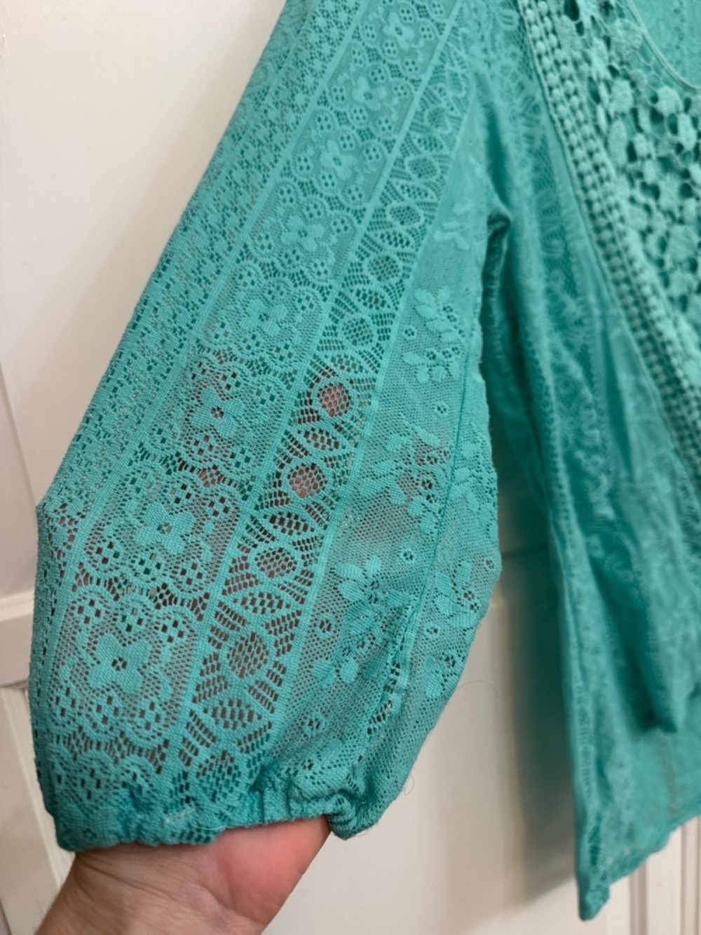 Cottagecore Teal Crochet Lace Scoop Neck Blouse. Size L. Festival summer - Picture 3 of 5